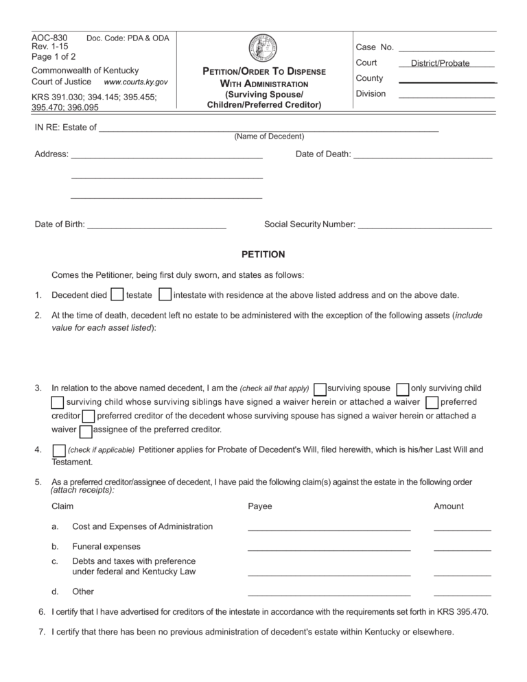 Kentucky Small Estate Affidavit Form AOC830 eForms