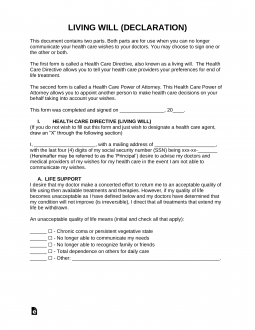 Free Living Will Form Health Care Directive PDF Word EForms   Living Will Advance Directive Template 255x330 