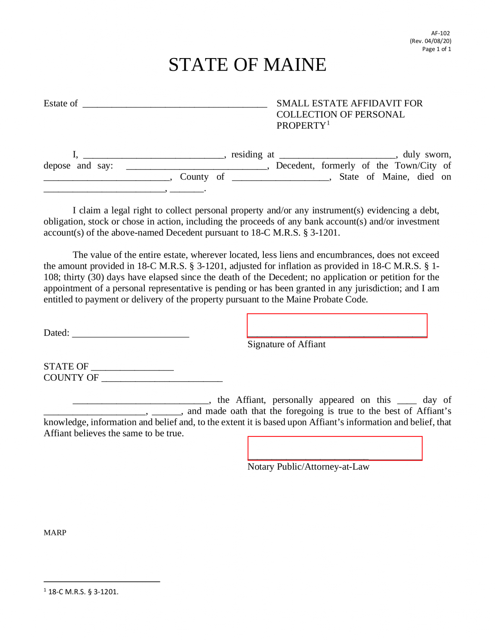 Free Maine Small Estate Affidavit Form Af 102 Pdf Eforms 6614