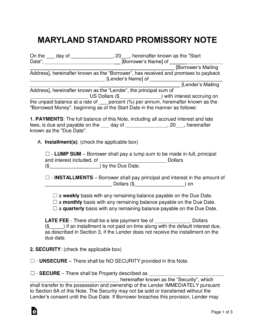 Maryland Promissory Note Templates (2)