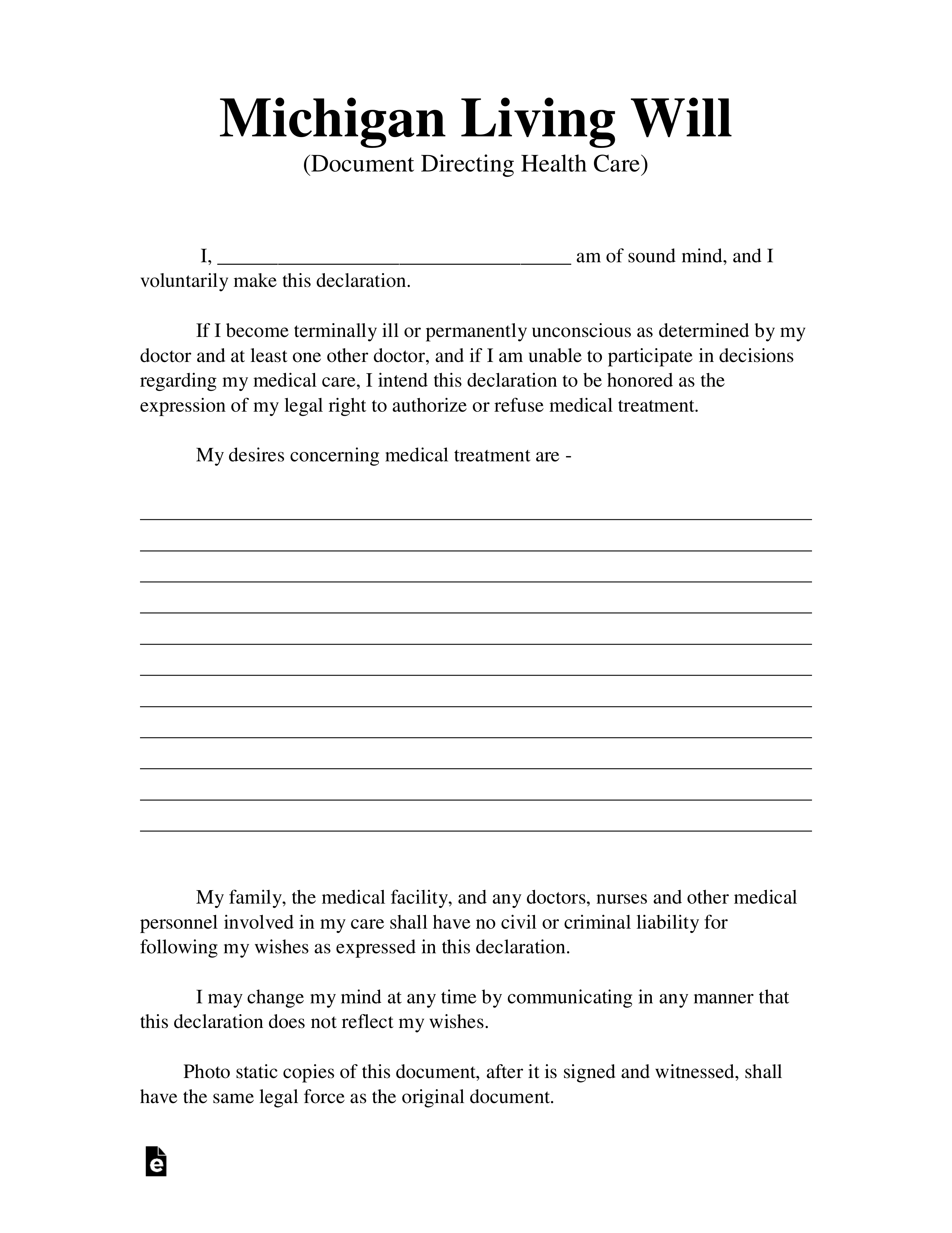 Free Michigan Living Will Form Template PDF Word eForms