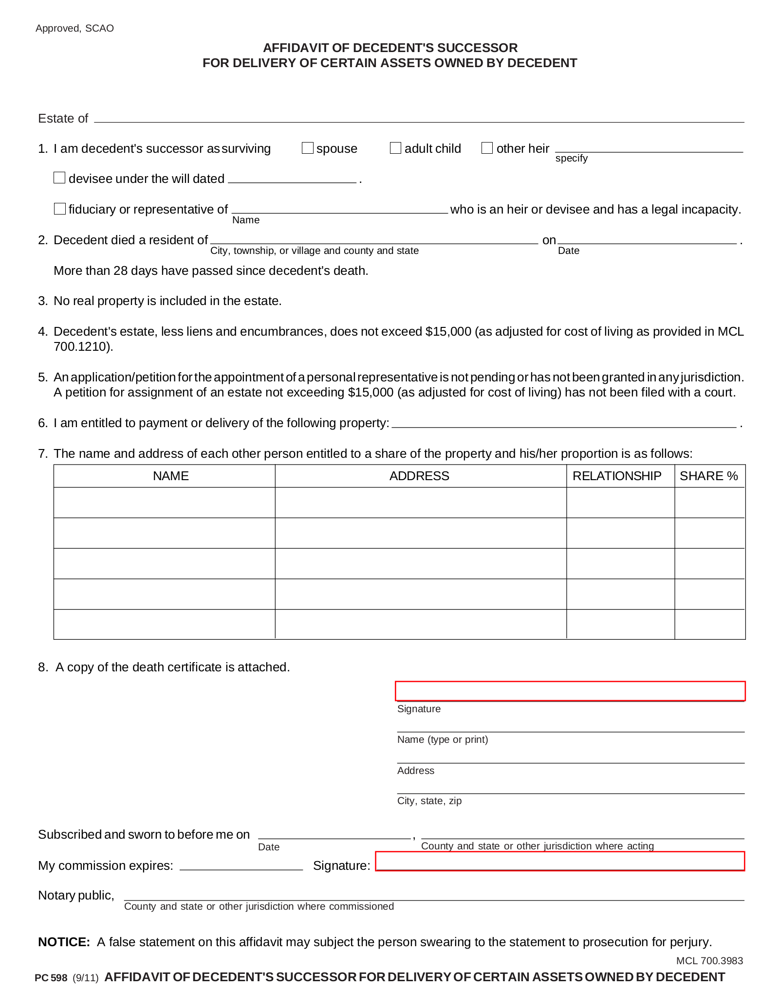 Michigan Small Estate Affidavit | Form PC 598