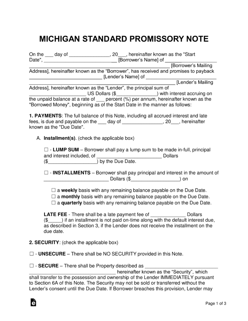 Free Michigan Promissory Note Templates PDF Word eForms