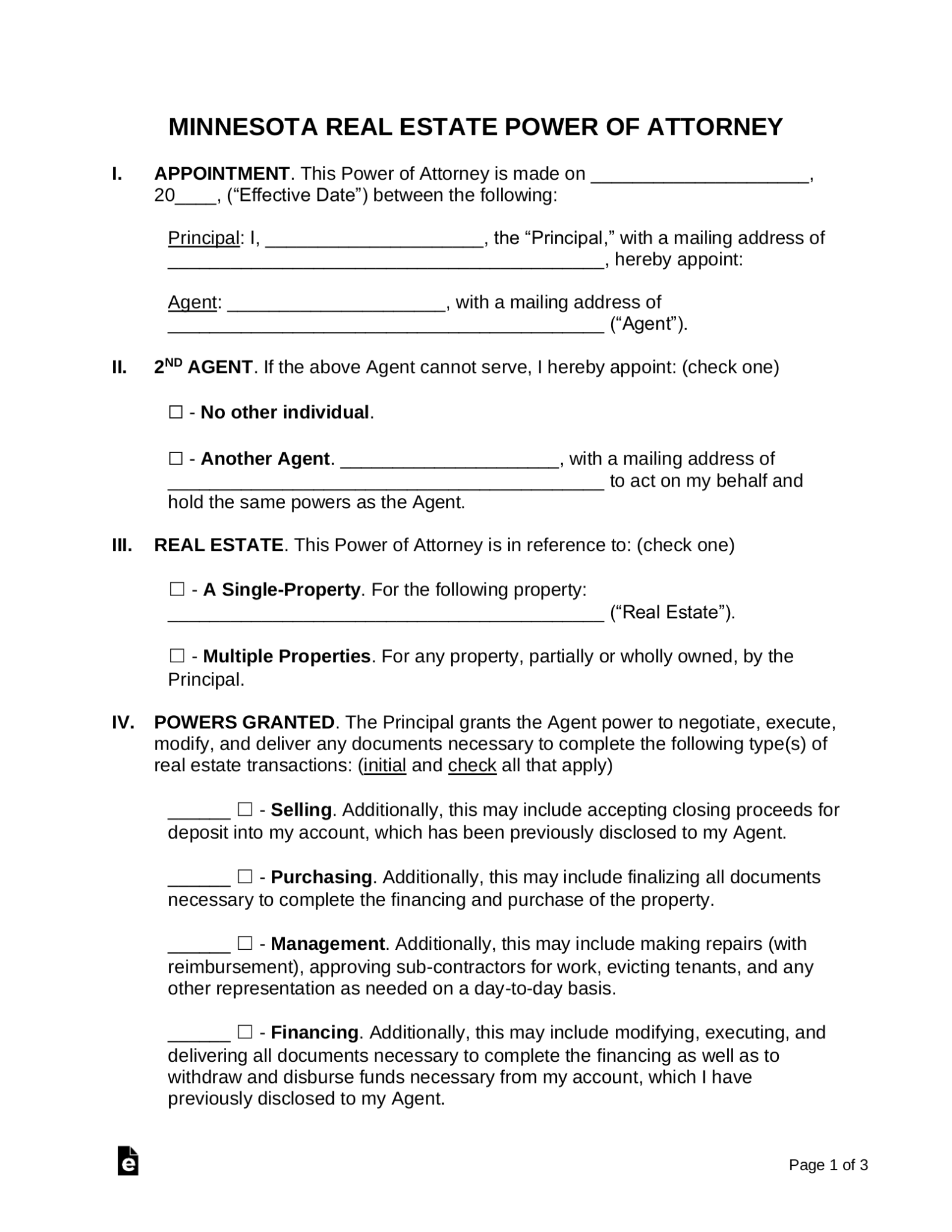 Free Minnesota Real Estate Power of Attorney Form PDF Word eForms