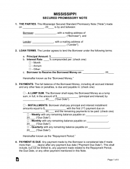 Mississippi Secured Promissory Note Template
