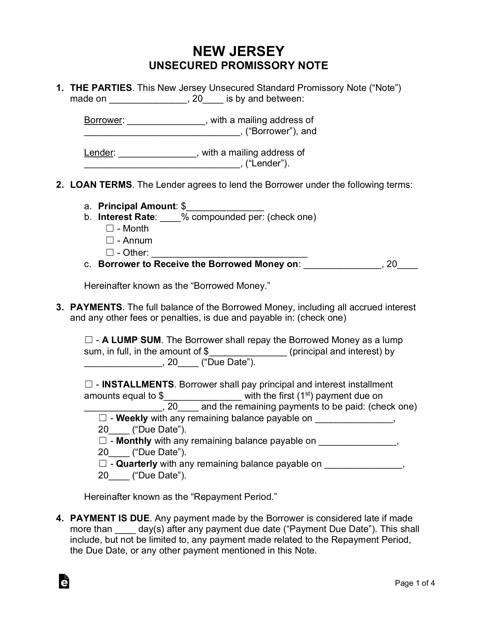 New Jersey Unsecured Promissory Note Template