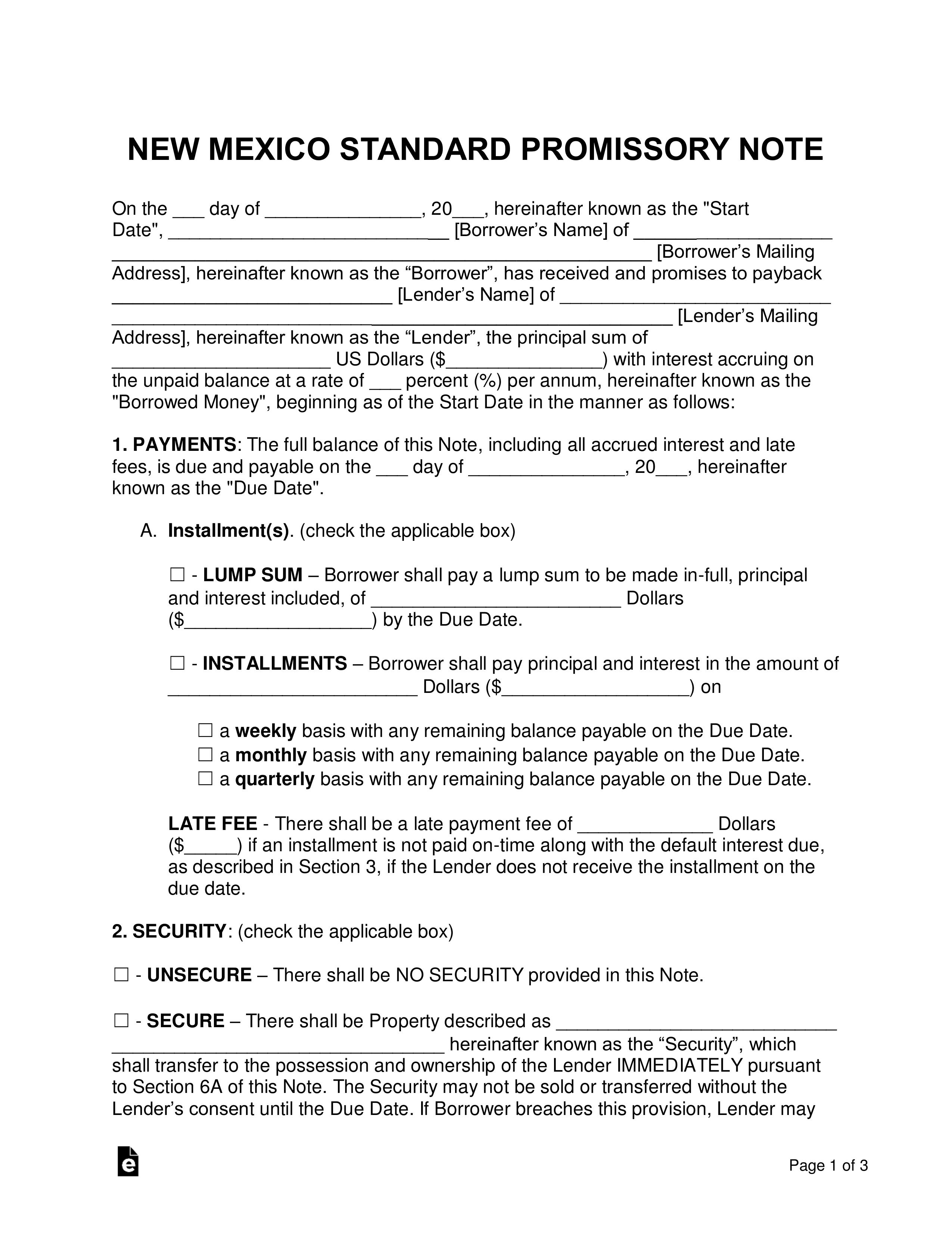 New Mexico Promissory Note Templates (2)