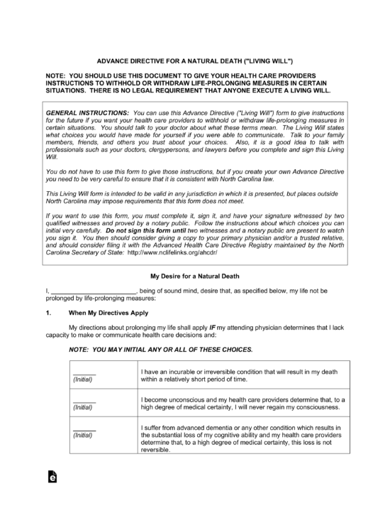 Free North Carolina Living Will Form Template - PDF – eForms