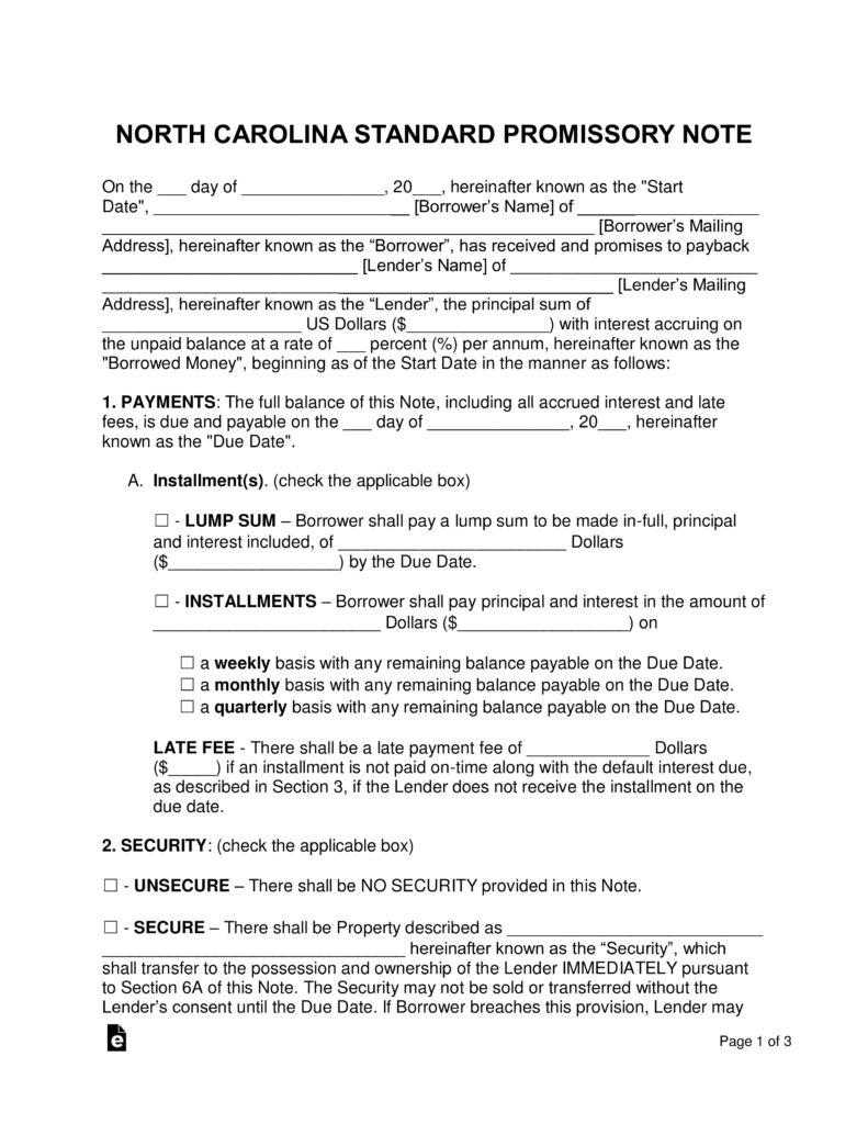 Free North Carolina Promissory Note Templates (2) PDF Word eForms