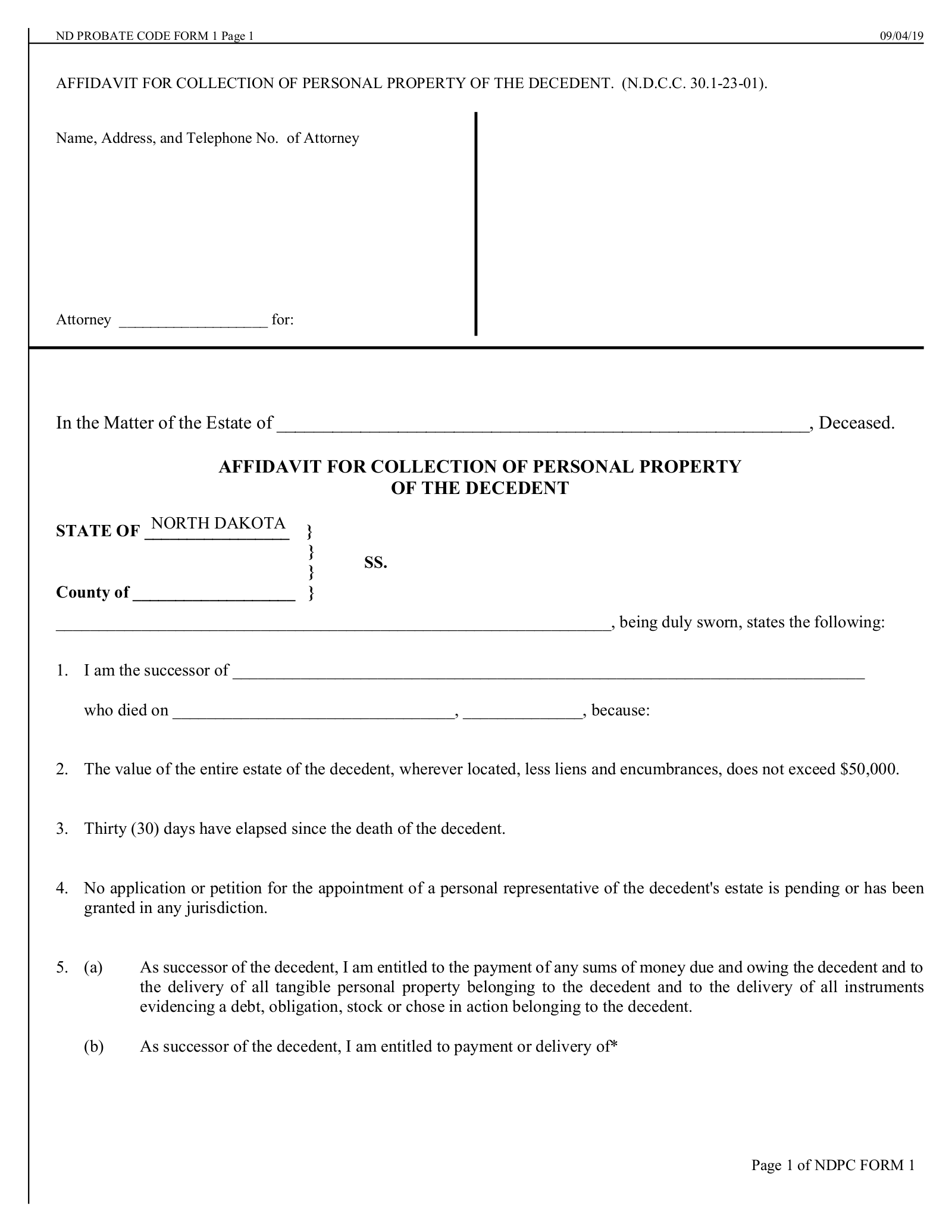North Dakota Small Estate Affidavit | NDPC Form 1