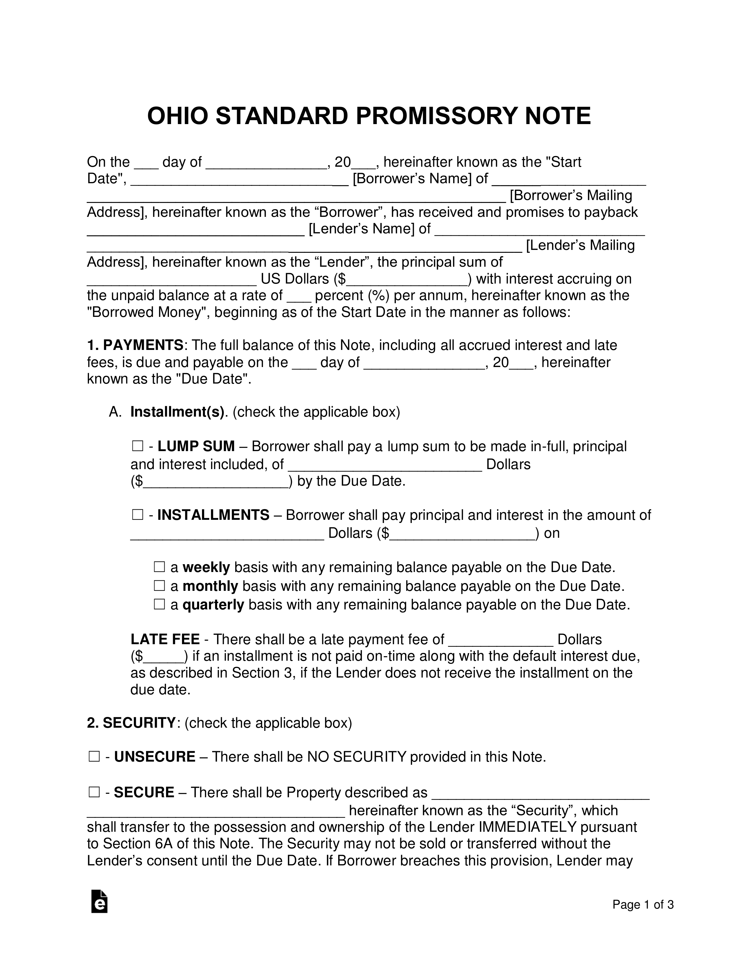 Free Ohio Promissory Note Templates (2) PDF Word eForms