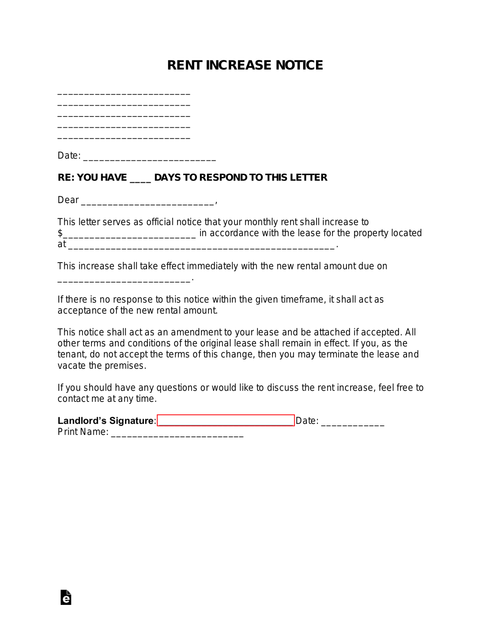 Free Rent Increase Notice with Sample PDF Word eForms
