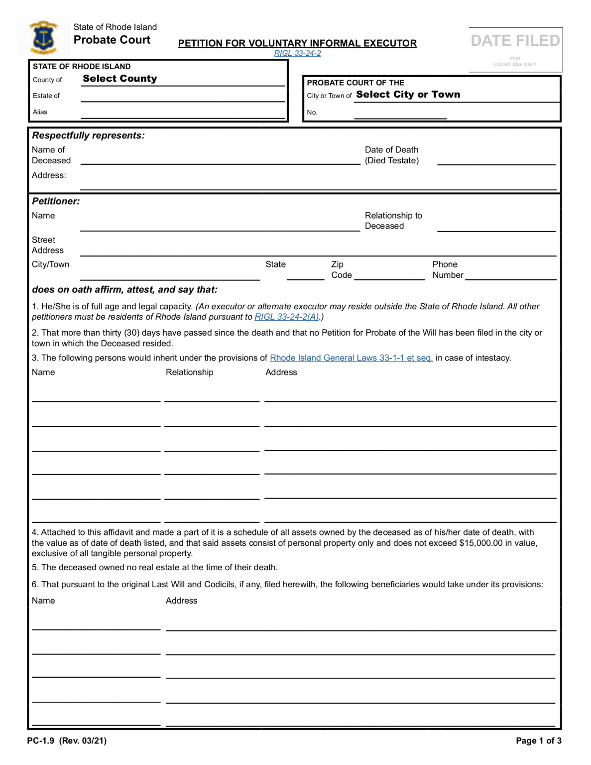 Free Rhode Island Small Estate Affidavit | Form PC-1.9 - PDF – eForms