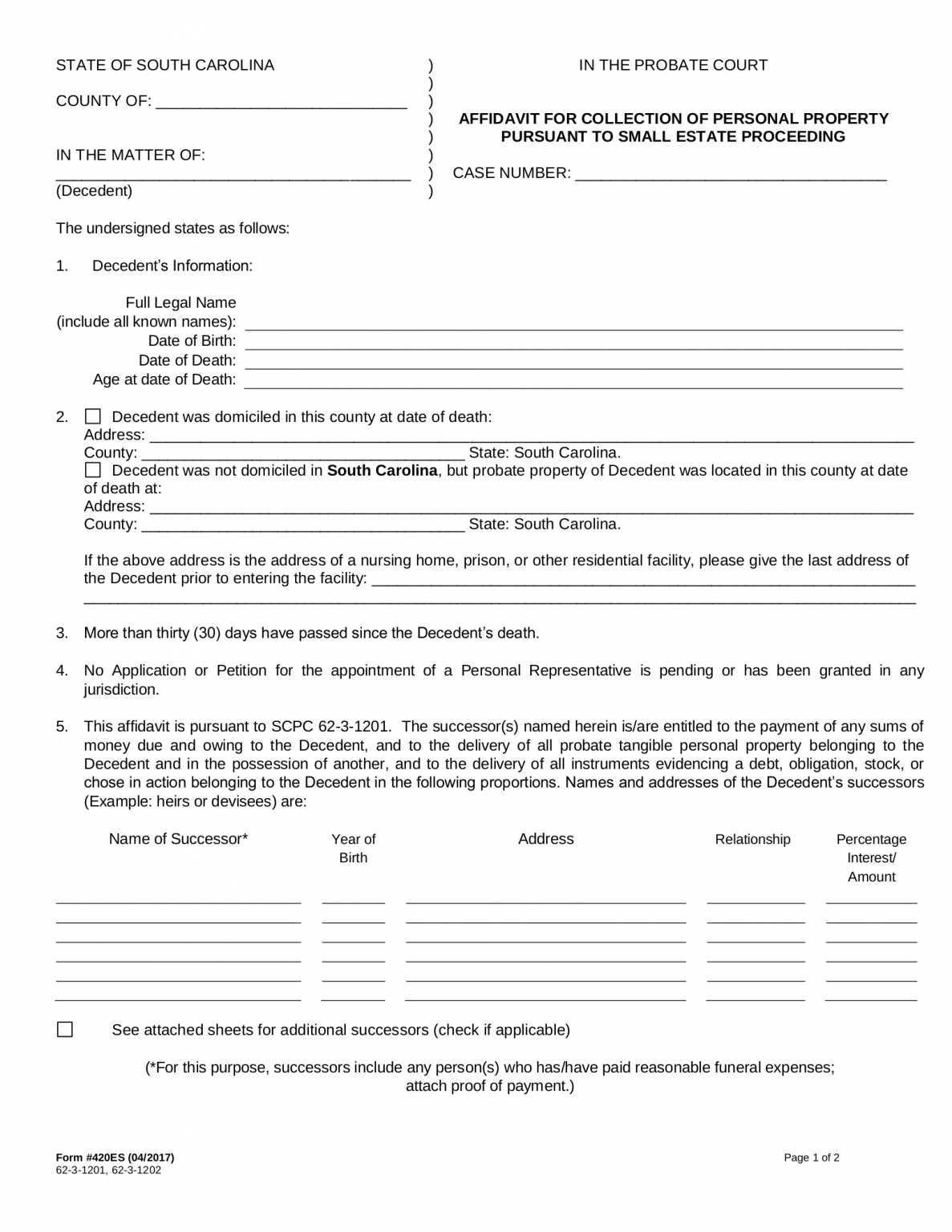 Free South Carolina Small Estate Affidavit | Form 420ES - PDF – eForms