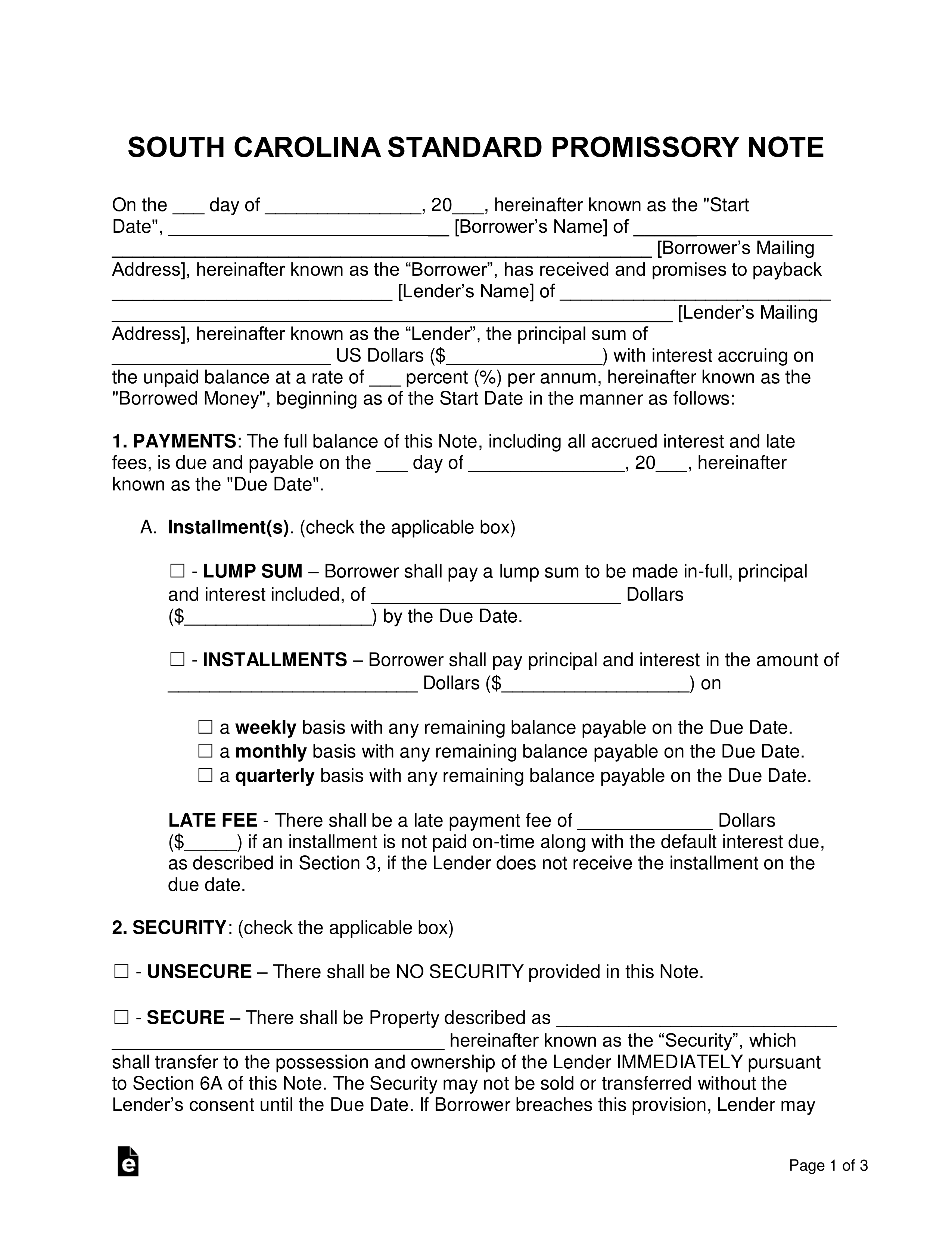 South Carolina Promissory Note Templates (2)