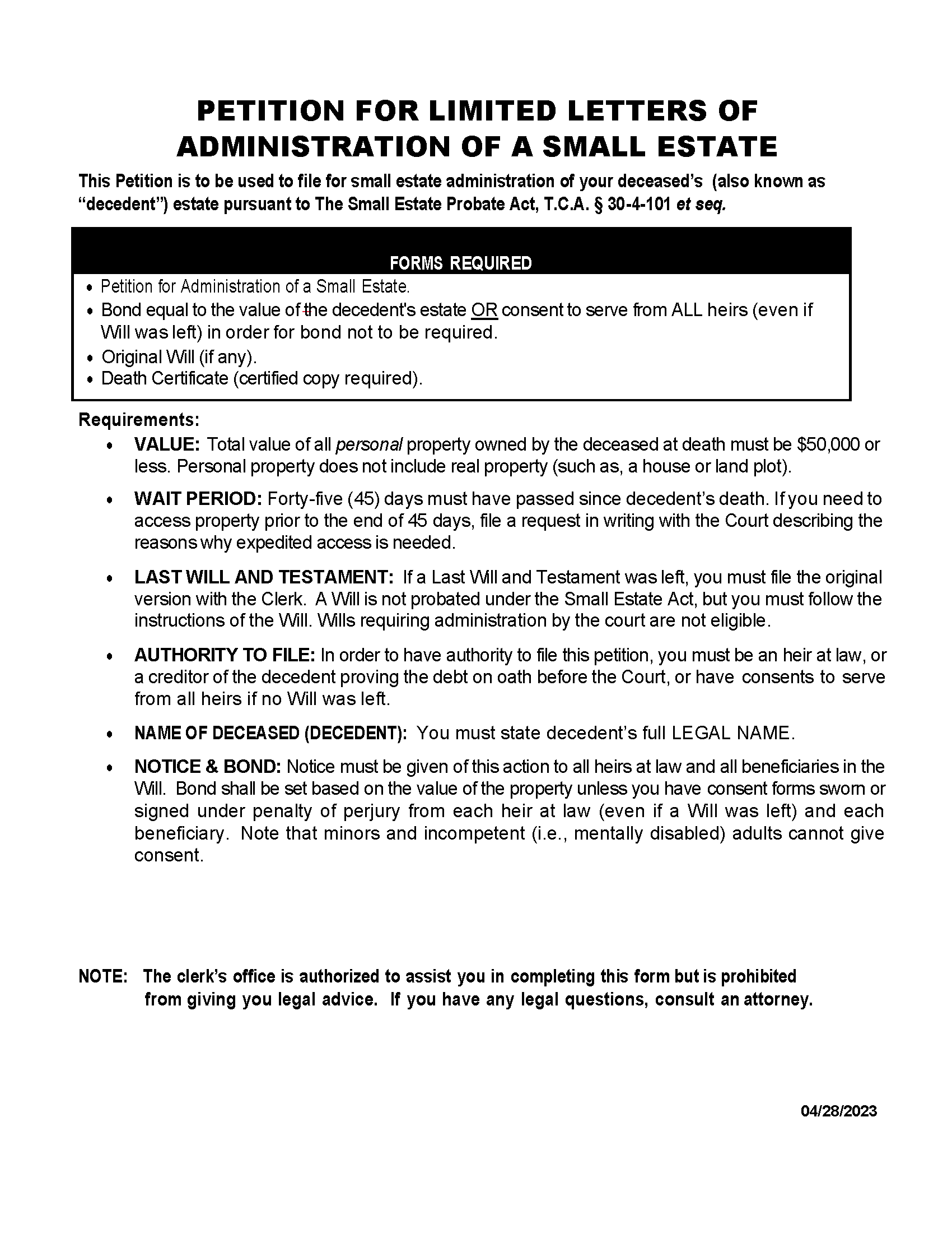 Tennessee Small Estate Affidavit