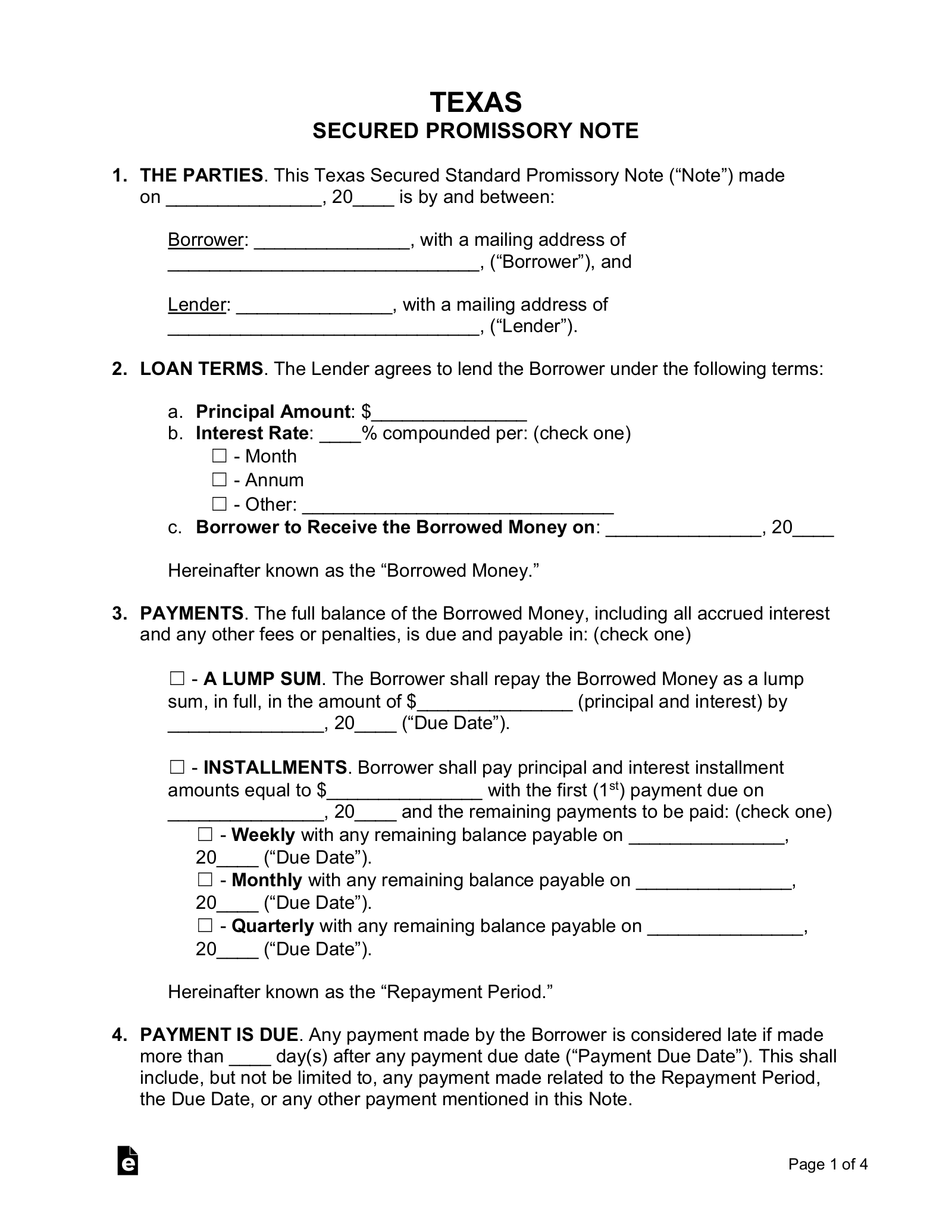 Free Texas Secured Promissory Note Template PDF Word EForms
