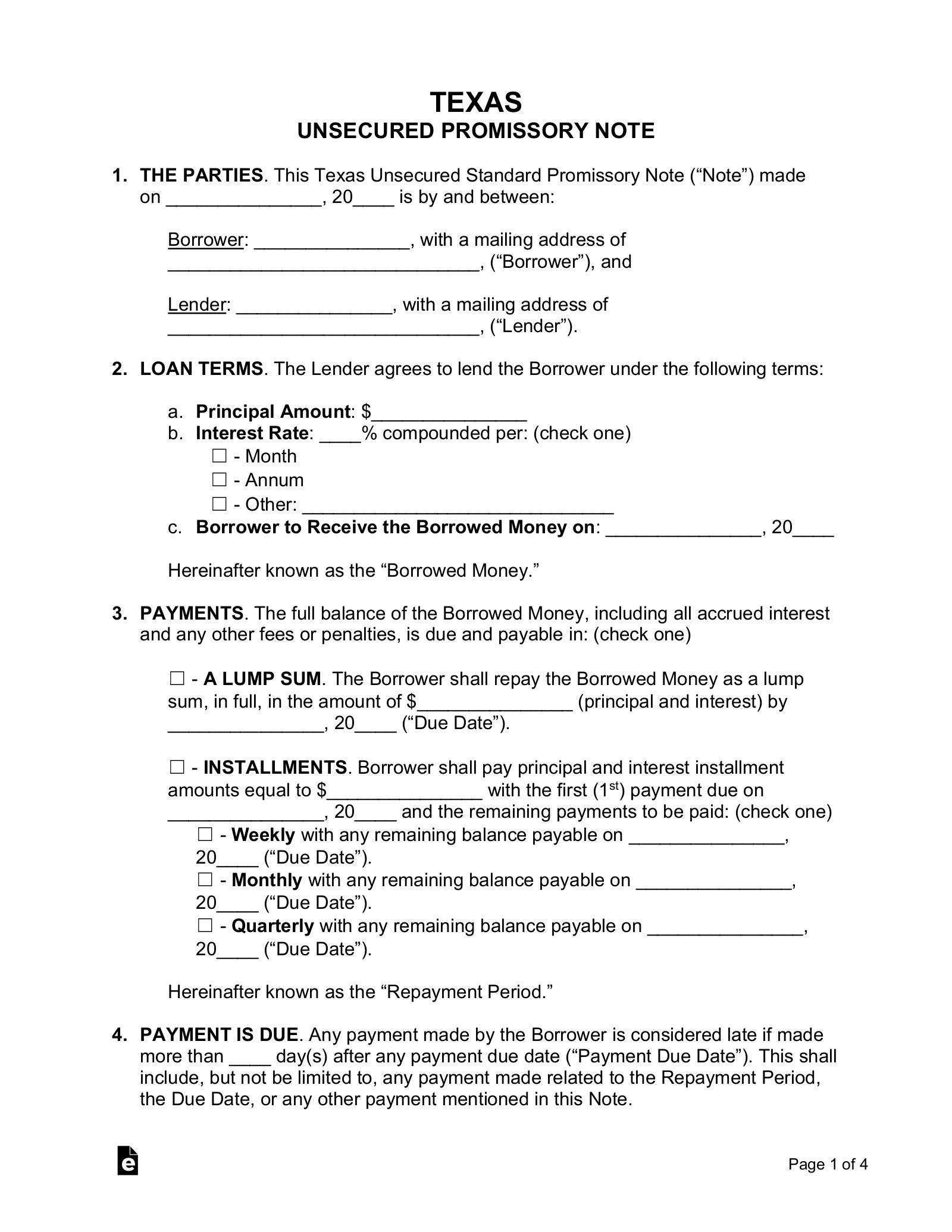 Free Texas Unsecured Promissory Note Template - PDF | Word – eForms