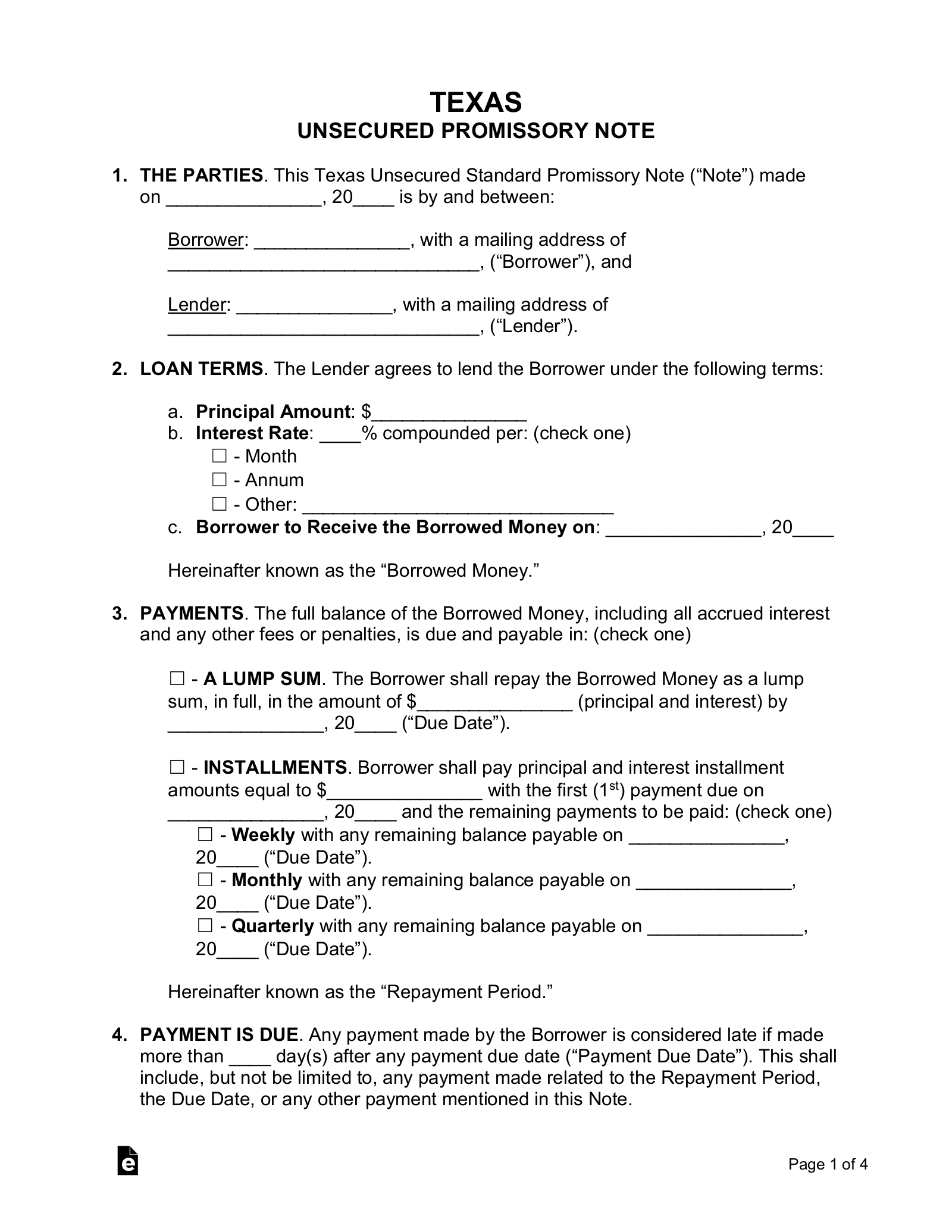 Free Texas Unsecured Promissory Note Template PDF Word EForms
