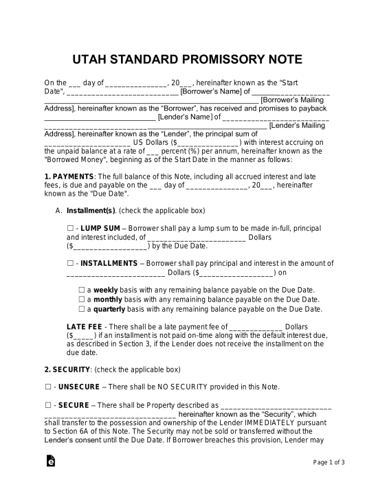 Utah Promissory Note Template