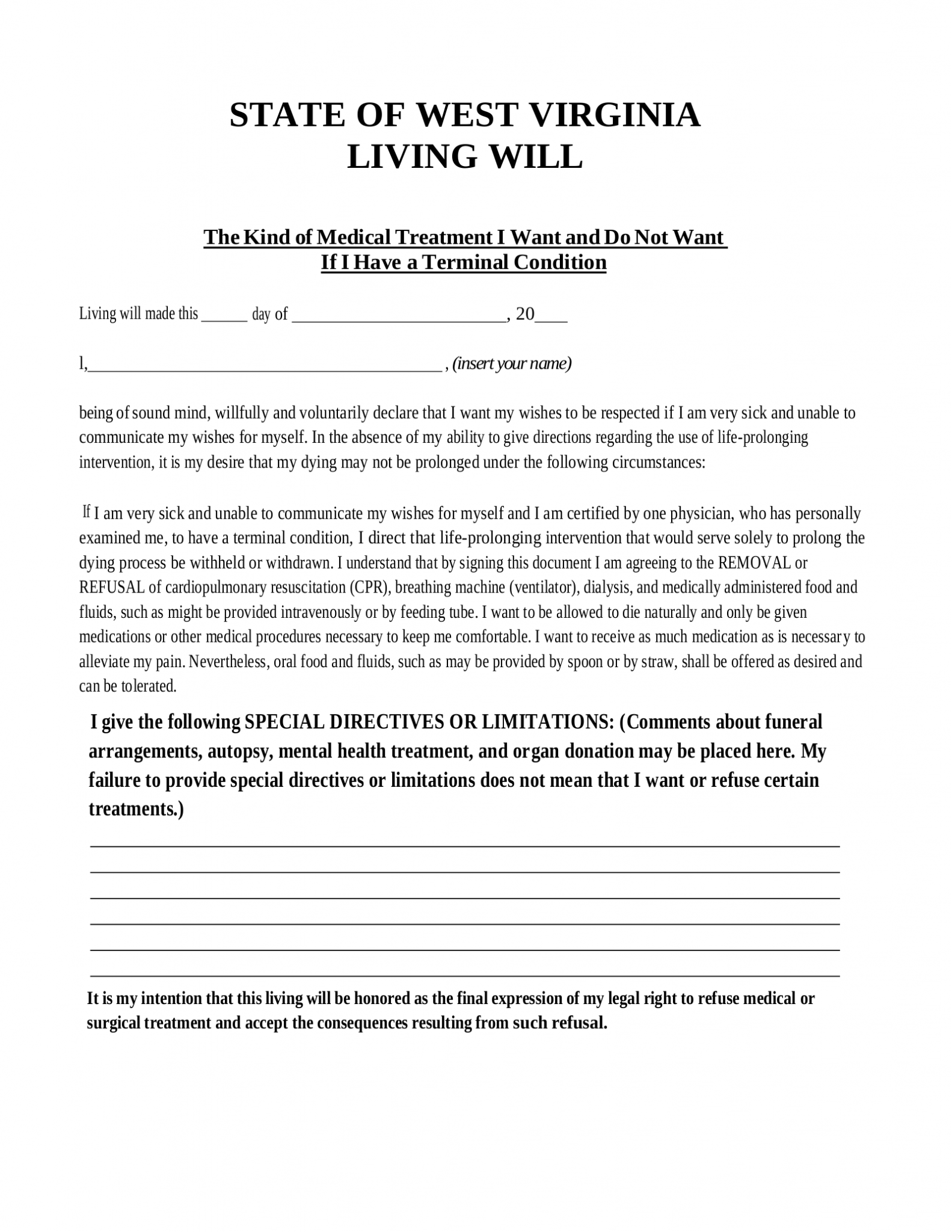 Free West Virginia Living Will Form Template - PDF – eForms