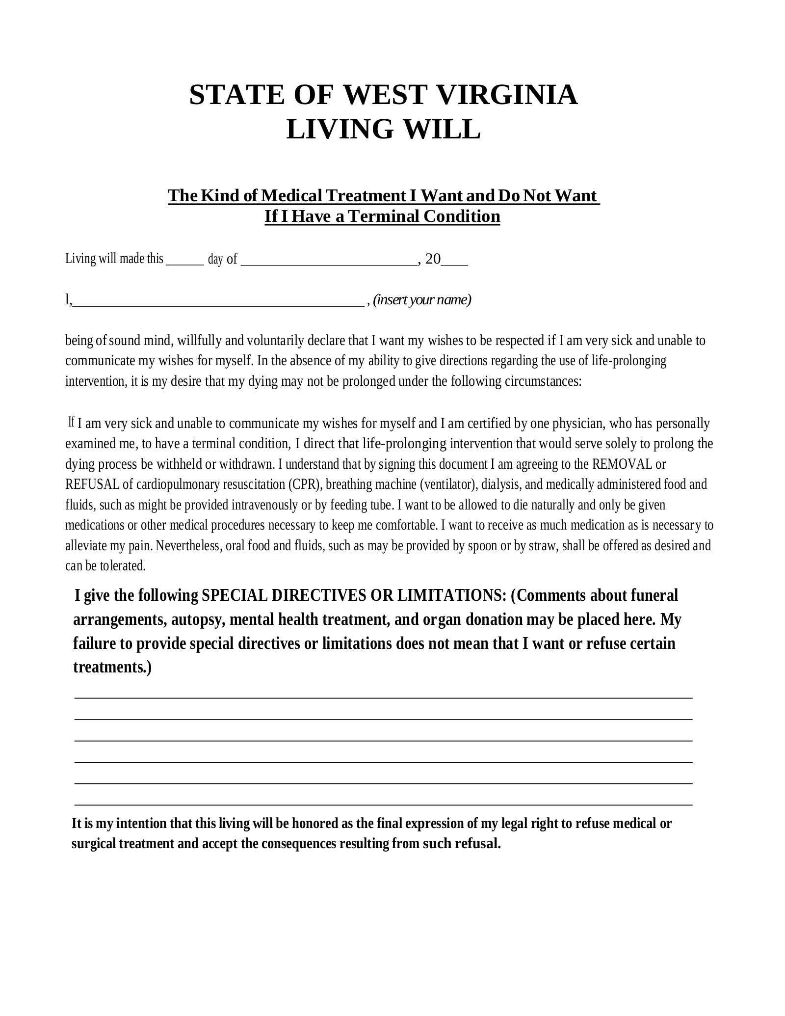 Free West Virginia Living Will Form PDF eForms