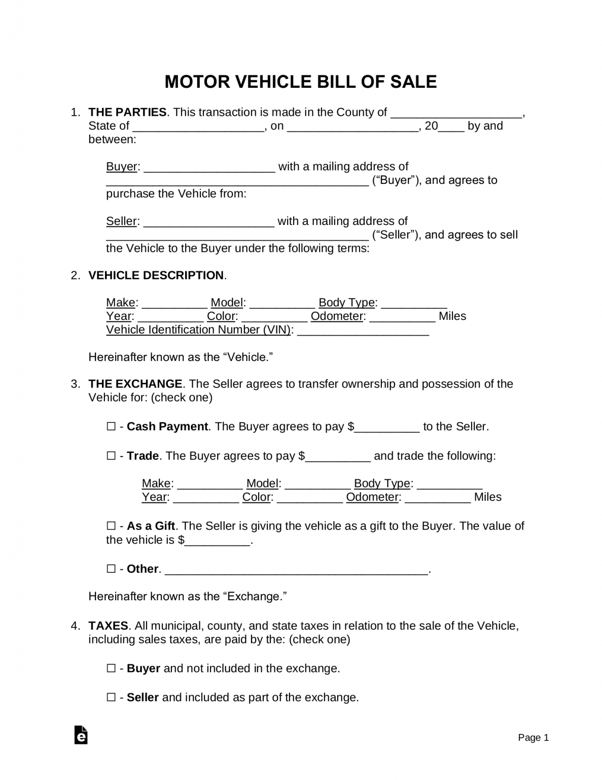 Free Motor Vehicle (DMV) Bill of Sale Form - PDF | Word – eForms