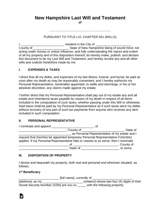 New Hampshire Last Will and Testament Template