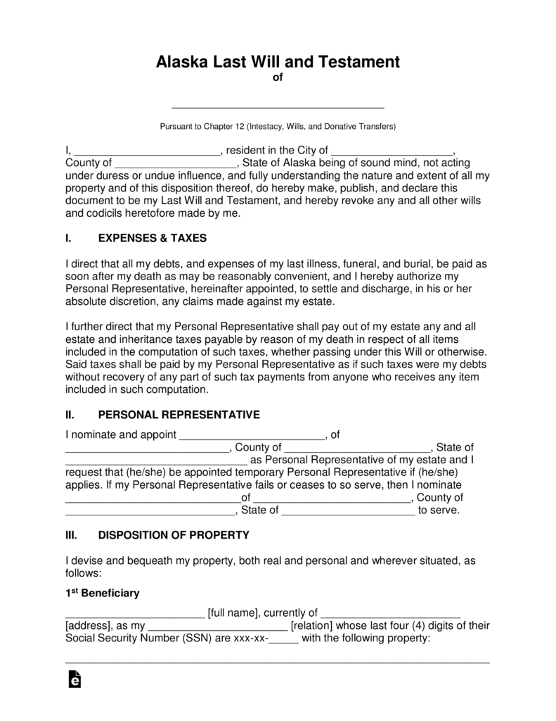 Free Alaska Last Will and Testament Template PDF Word eForms