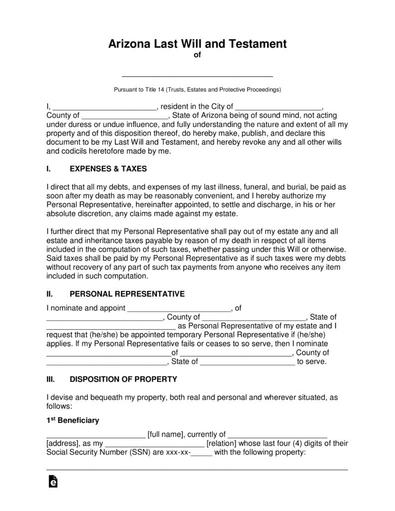 Free Arizona Last Will And Testament Template PDF Word EForms