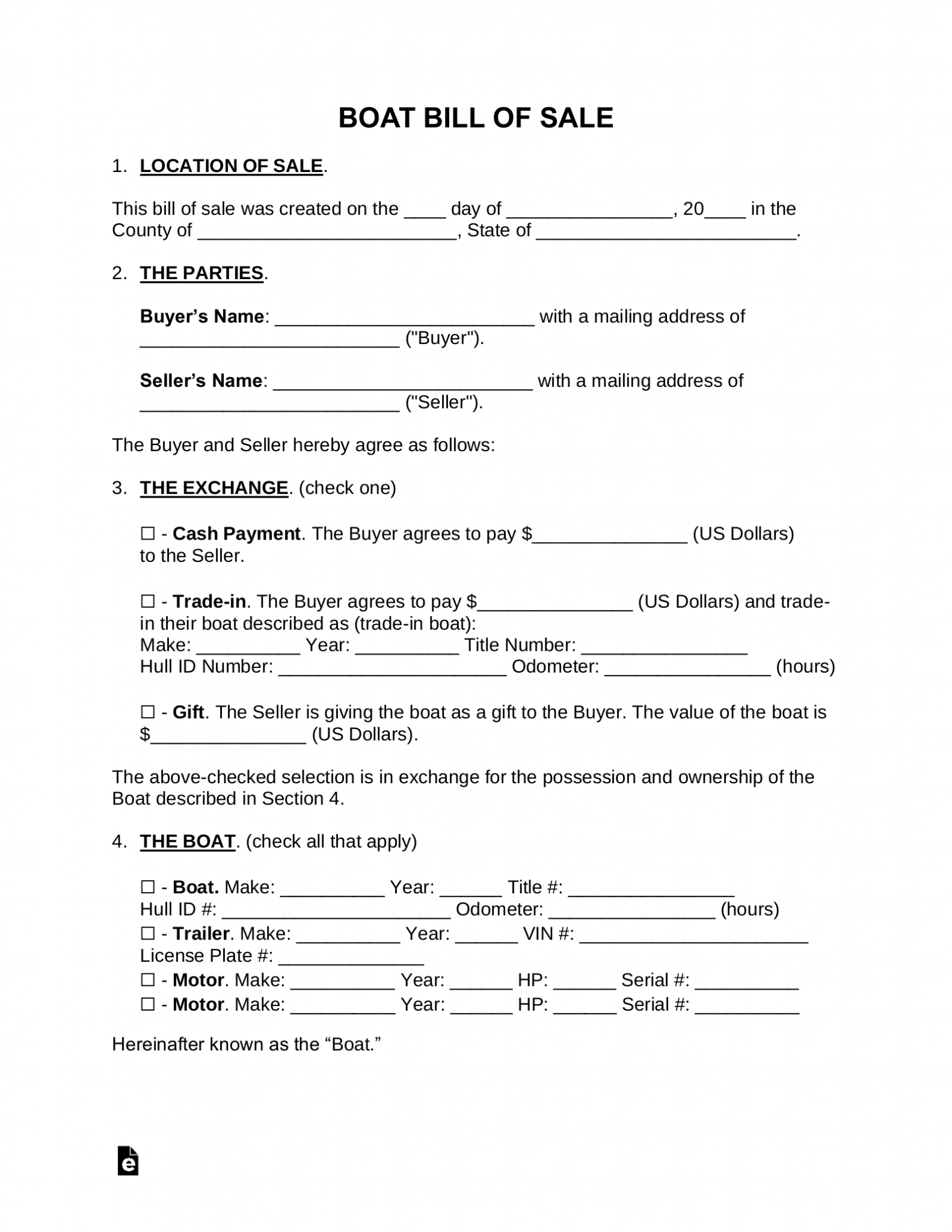 Free Boat Bill Of Sale Form PDF Word EForms