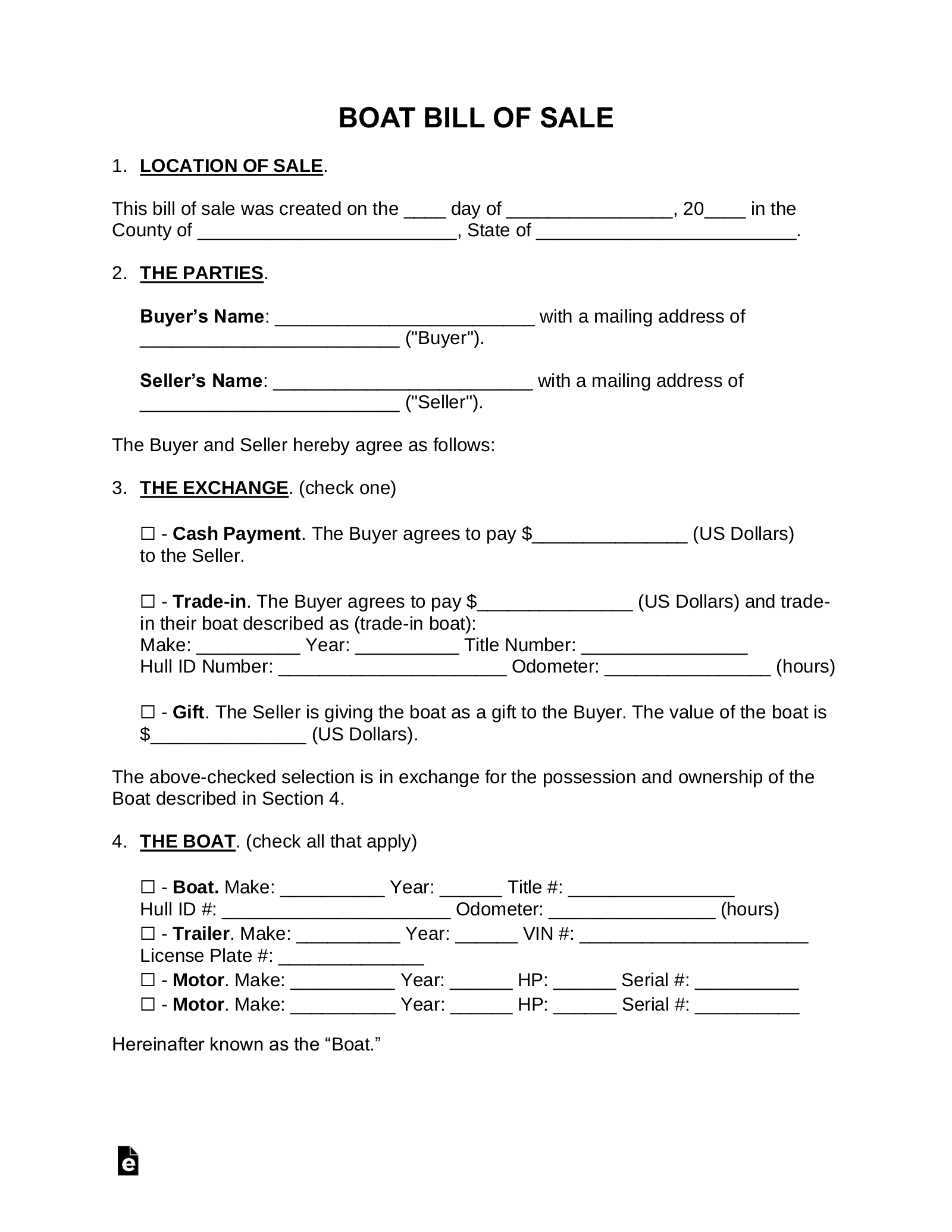 Boat Bill of Sale Form