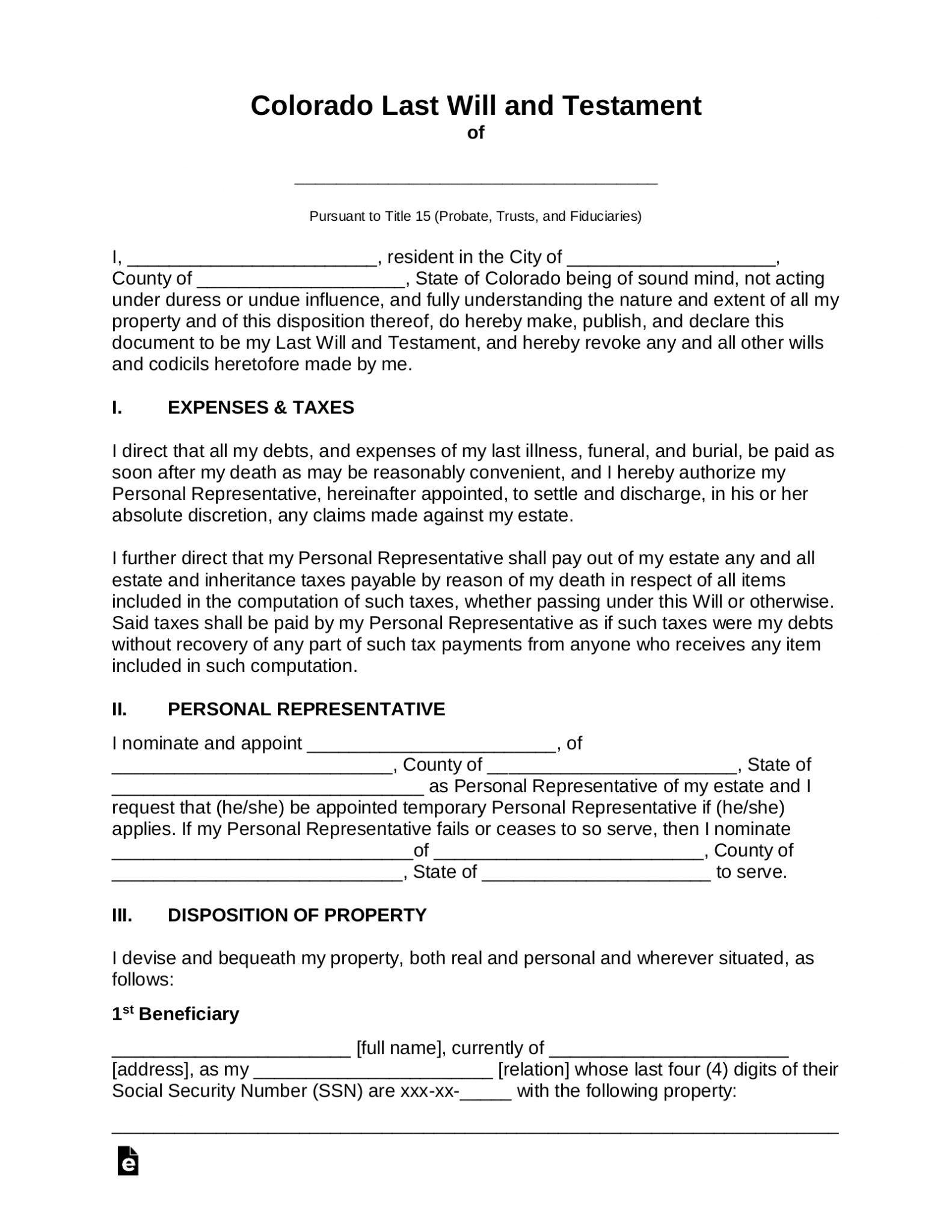 Free Colorado Last Will and Testament Template PDF Word eForms Free Colorado Last Will and Testament Template PDF Word eForms