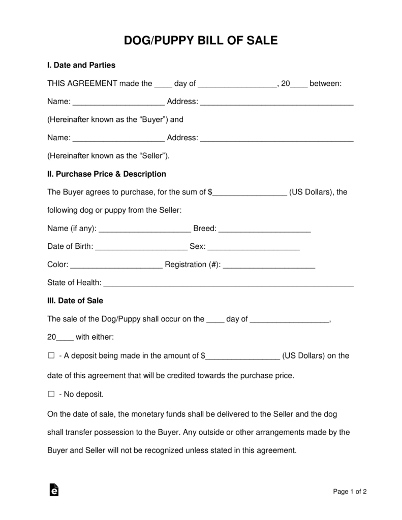 Free Dog Puppy Bill Of Sale Form Word PDF EForms