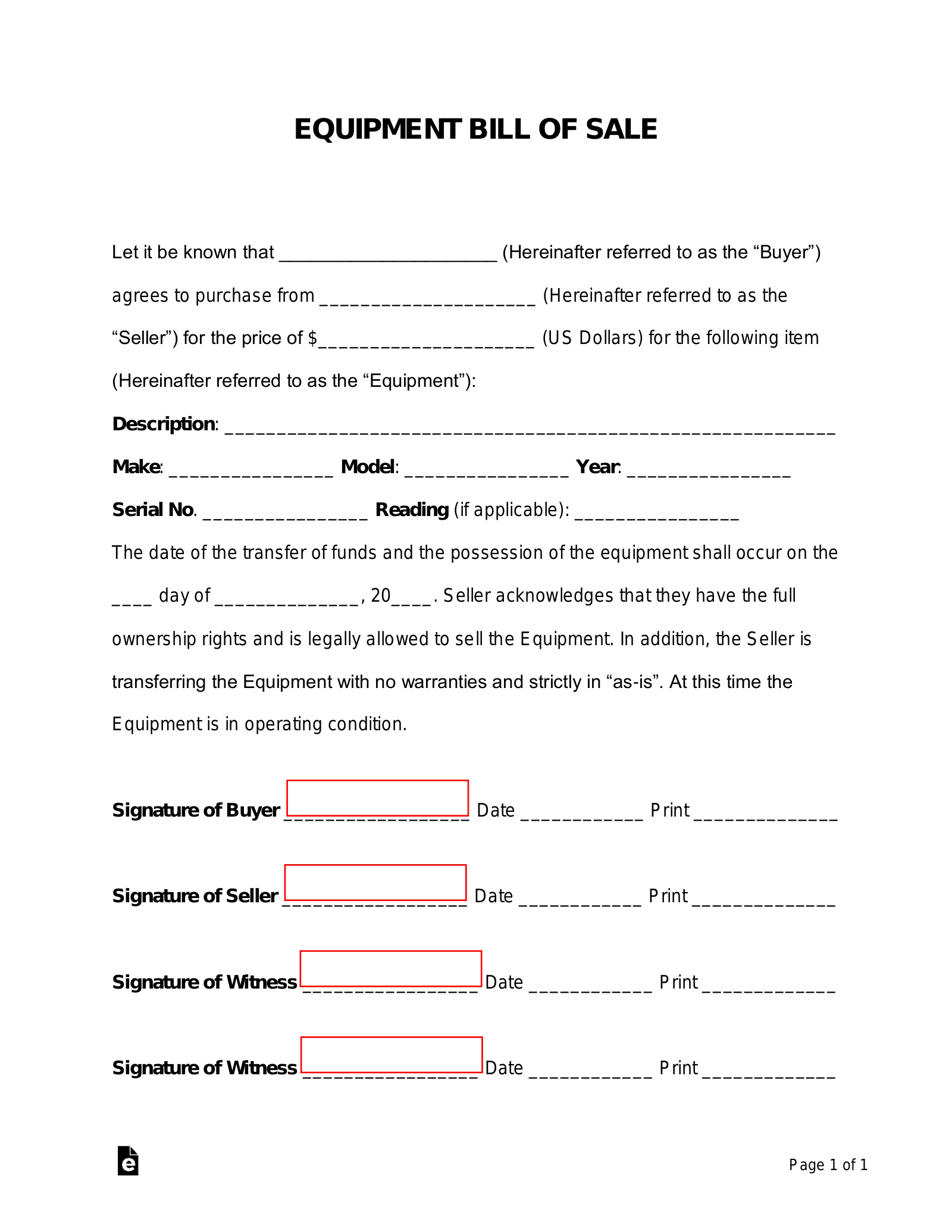 Equipment Bill Of Sale Printable Printable Word Searches