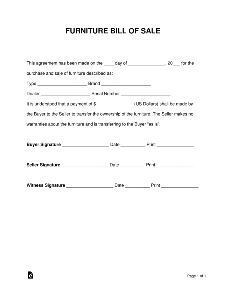 Free Furniture Bill of Sale Form - PDF | Word - eForms