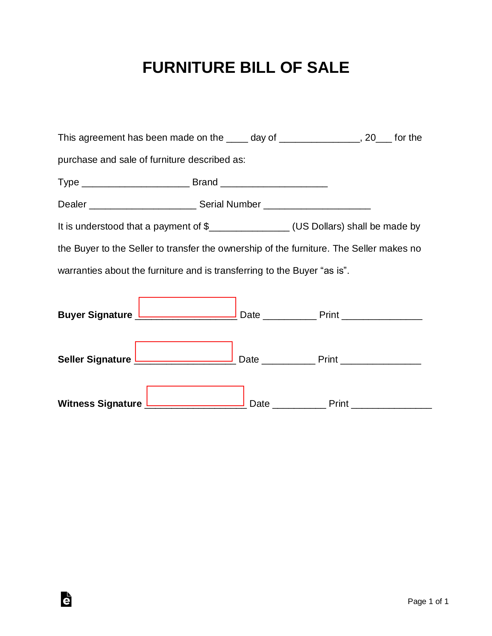 Furniture Bill of Sale Form