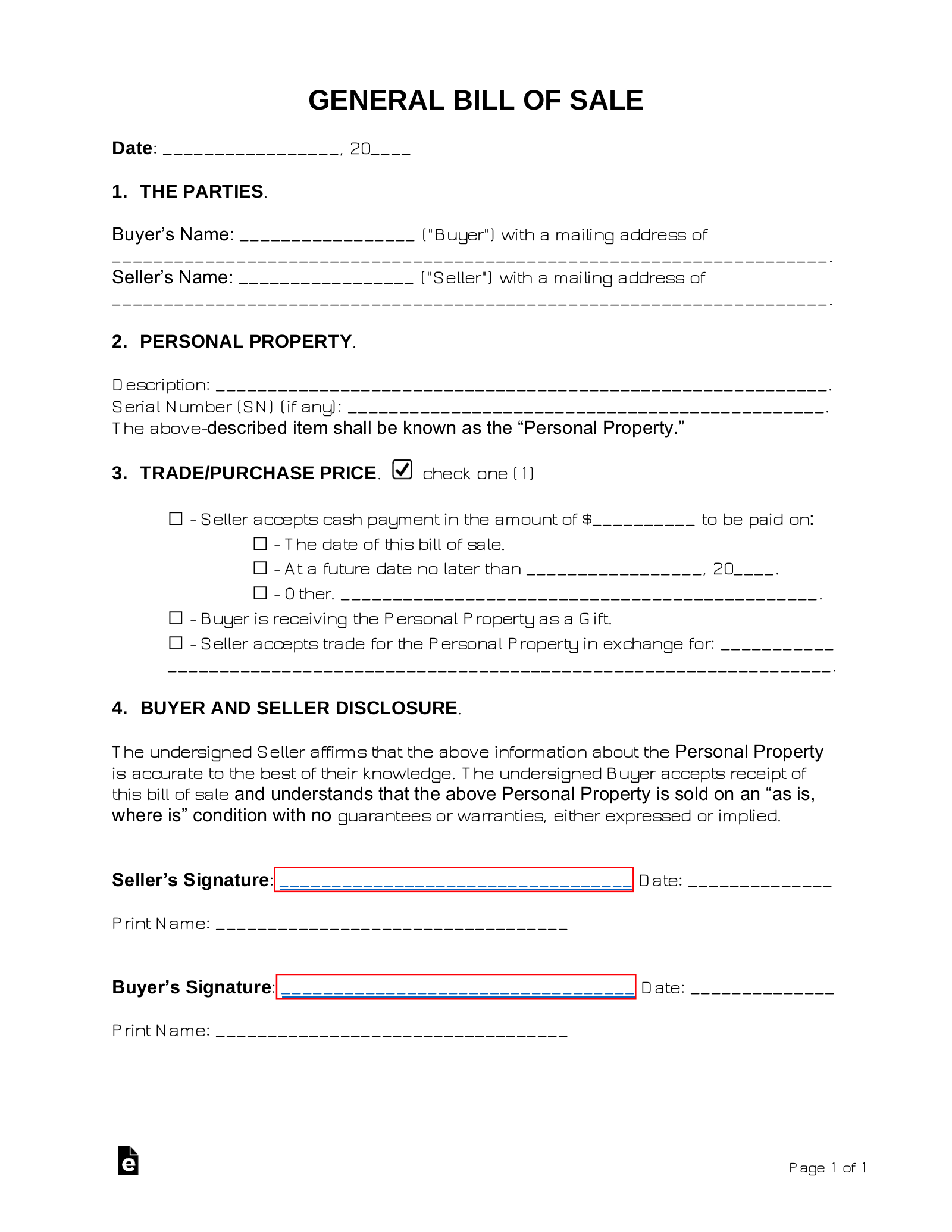Free General (Personal Property) Bill of Sale Form PDF Word eForms