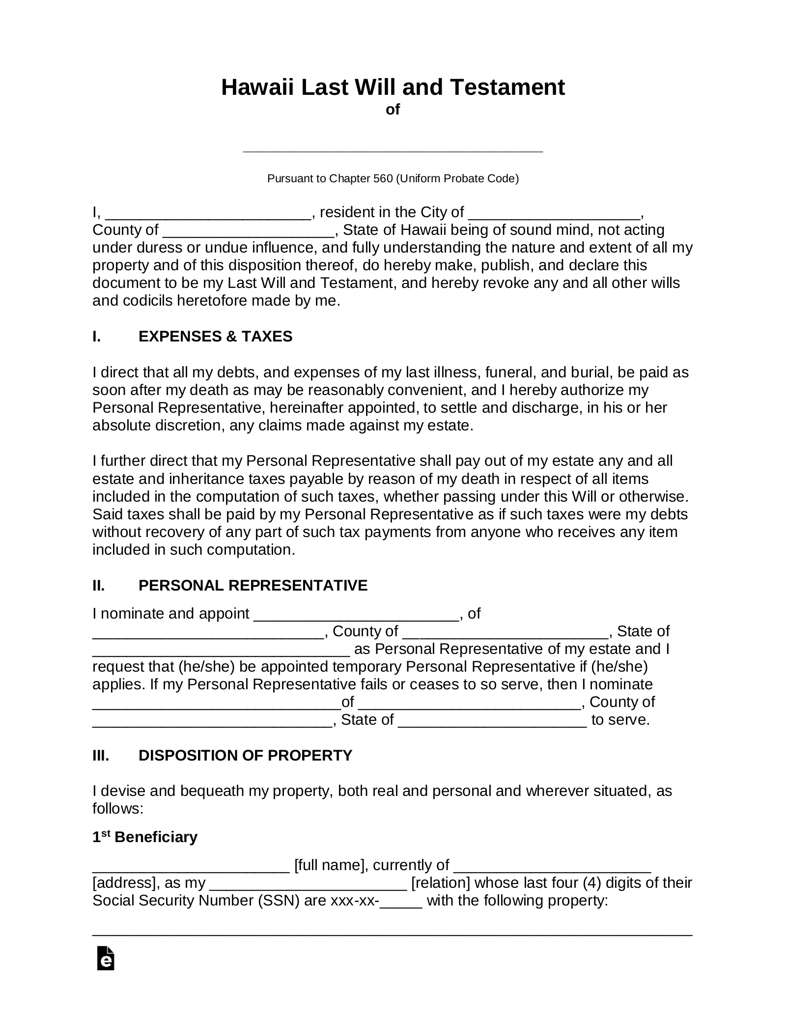 Hawaii Last Will and Testament Template
