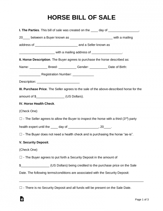 Free Horse Bill of Sale Form - PDF | Word – eForms