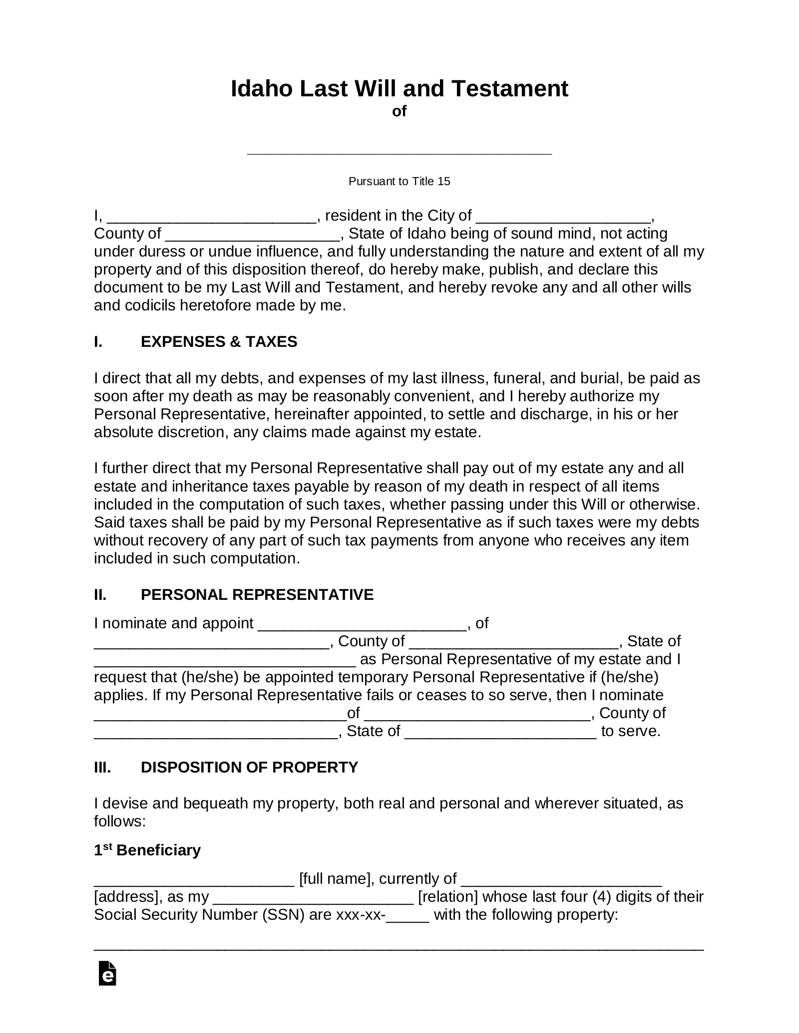 Idaho Last Will and Testament Template