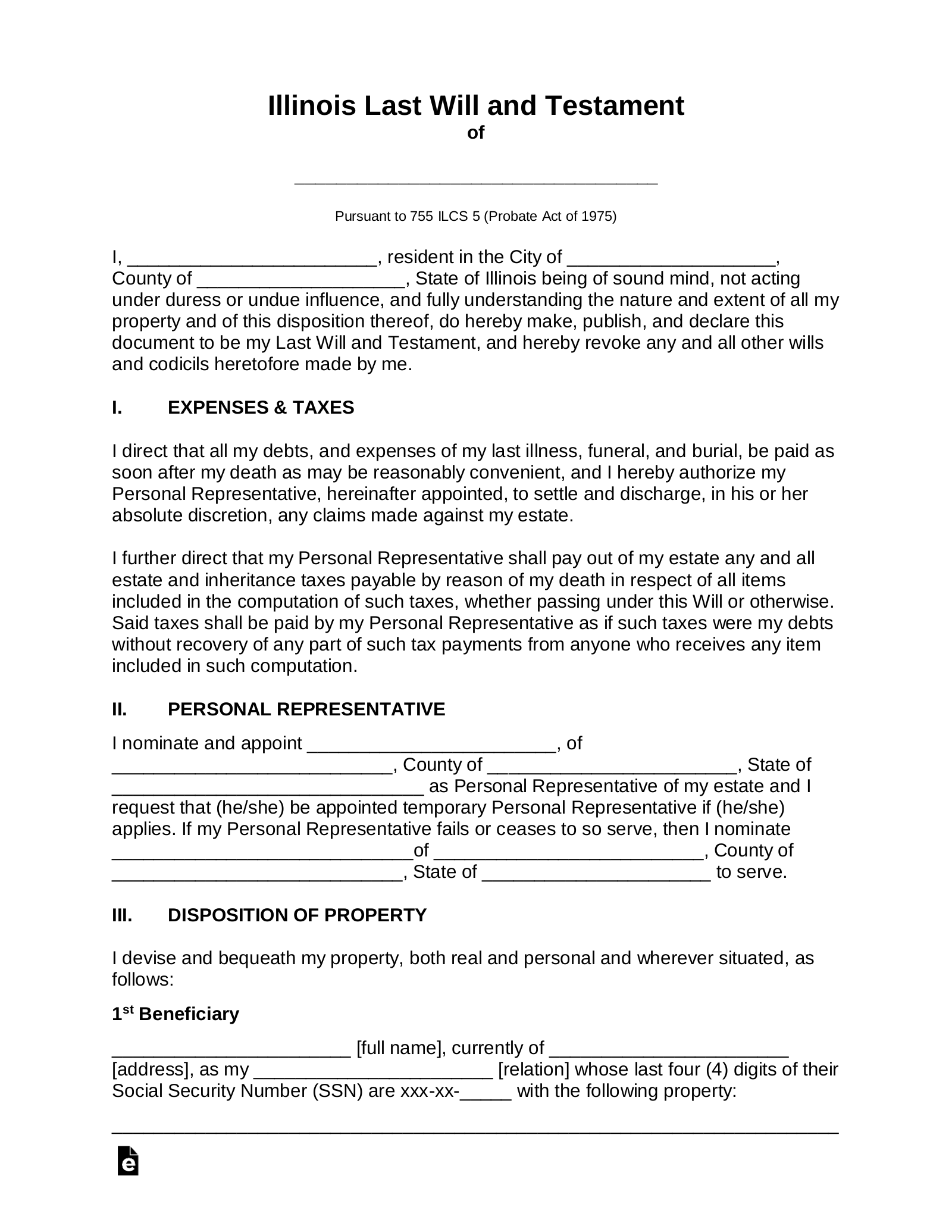 Free Illinois Last Will and Testament Template PDF Word eForms