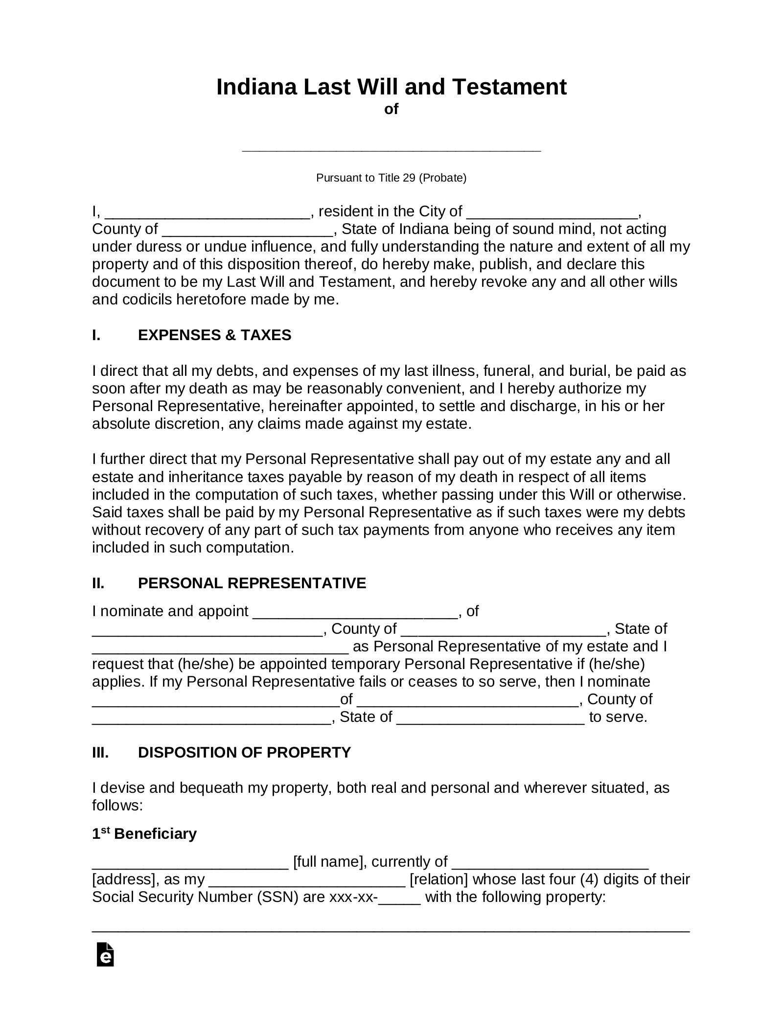 Indiana Last Will and Testament Template