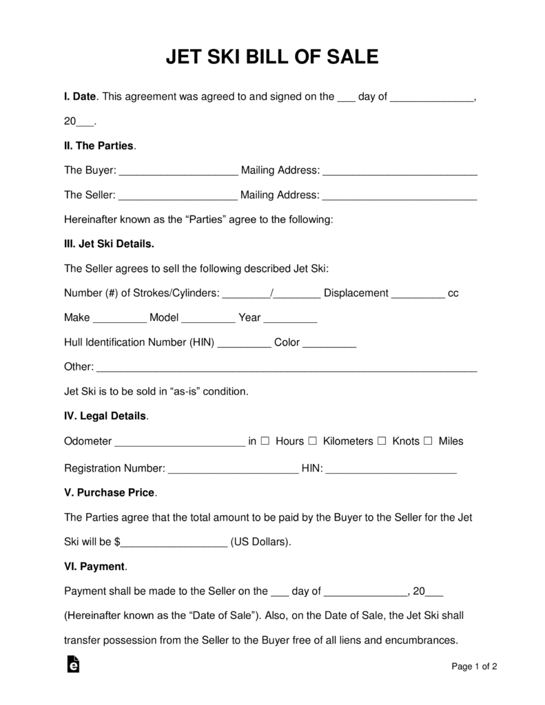 Free Jet Ski Bill of Sale Form - Word | PDF | eForms ...