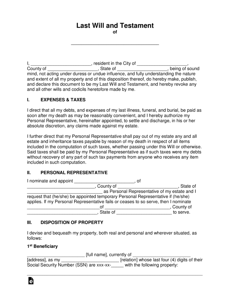 Free Last Will And Testament Templates Will PDF Word EForms