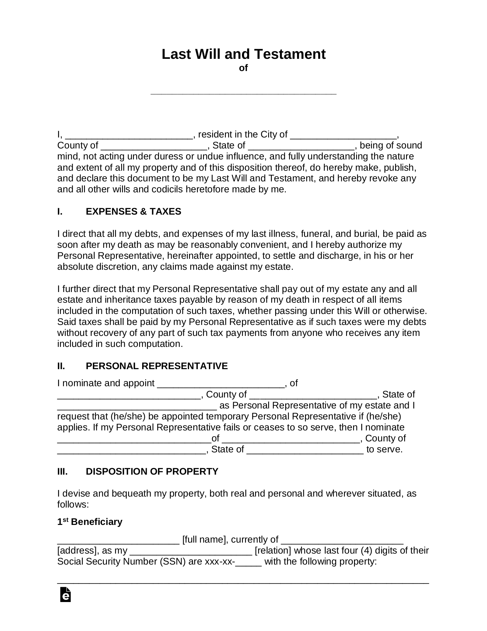 Free Last Will and Testament (Will) PDF Word eForms