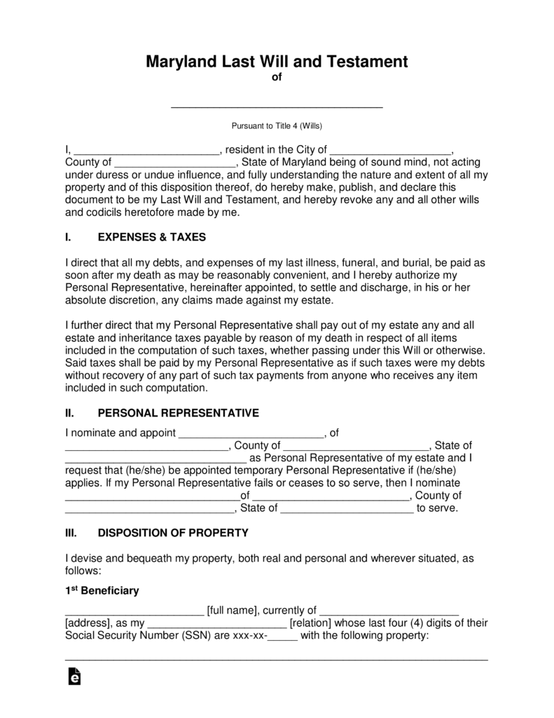 Free Maryland Last Will And Testament Template PDF Word EForms