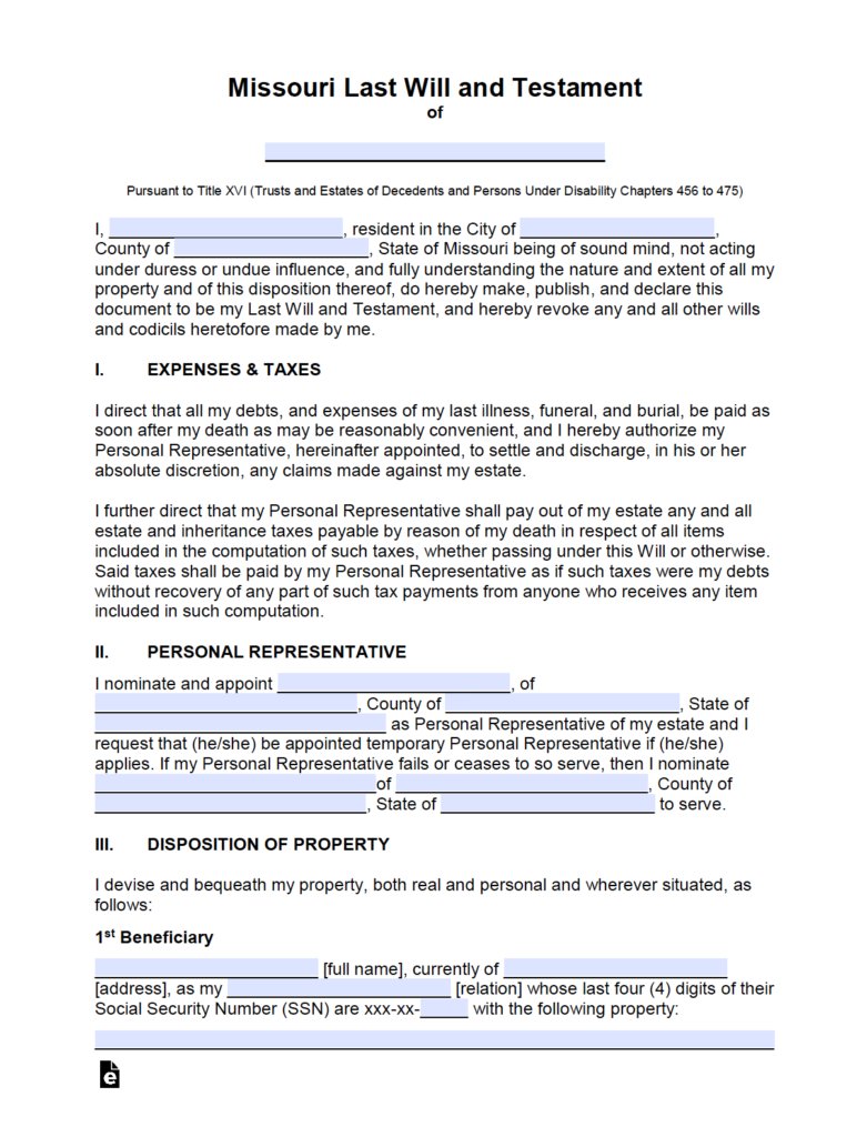 Free Missouri Last Will and Testament Template PDF Word eForms