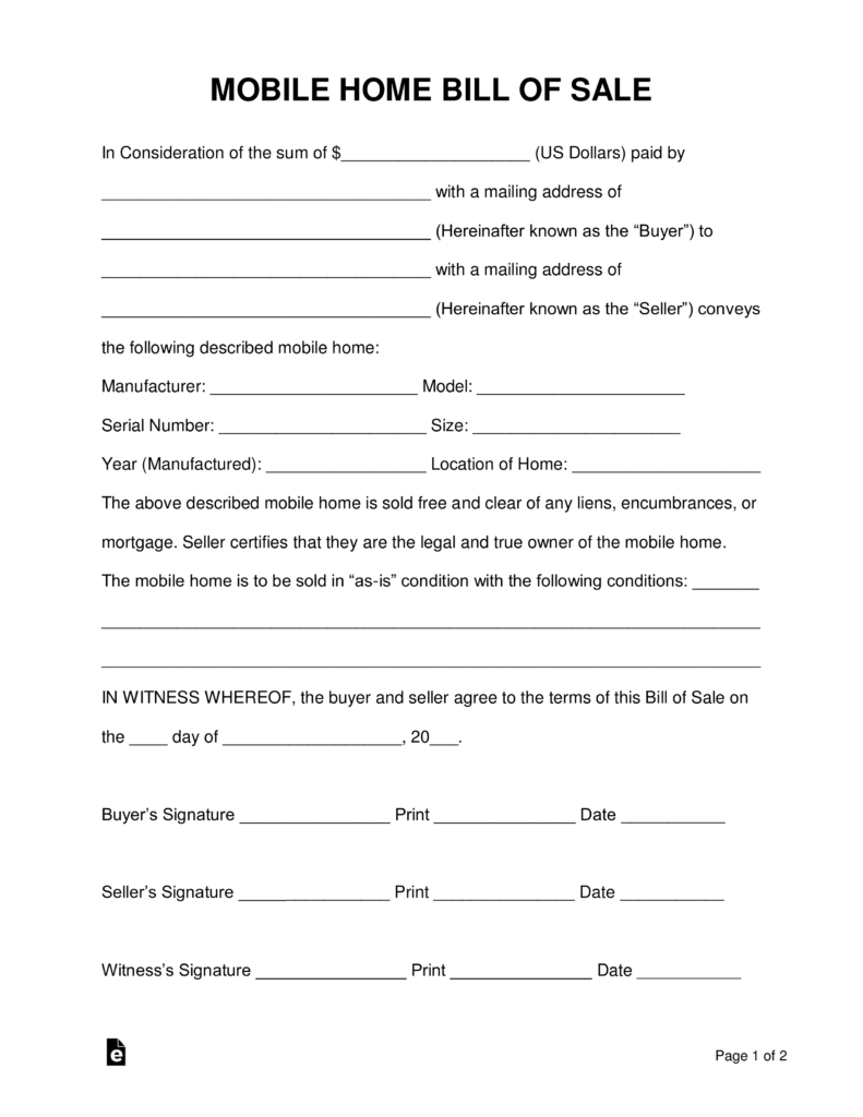 Free Mobile Manufactured Home Bill Of Sale Form Word PDF EForms