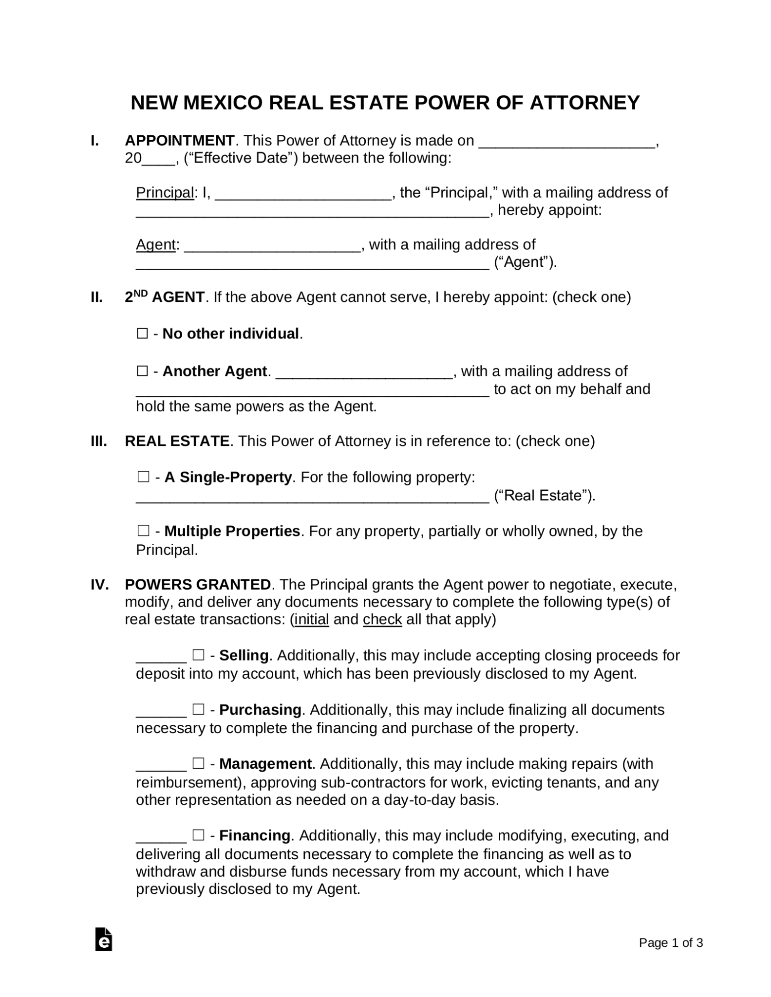 Free New Mexico Real Estate Power of Attorney Form - PDF | Word – eForms